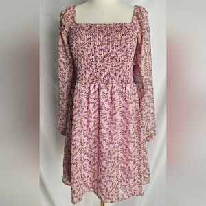 Justify Pink Floral Smocked Square Neck Mini Dress M Nwt